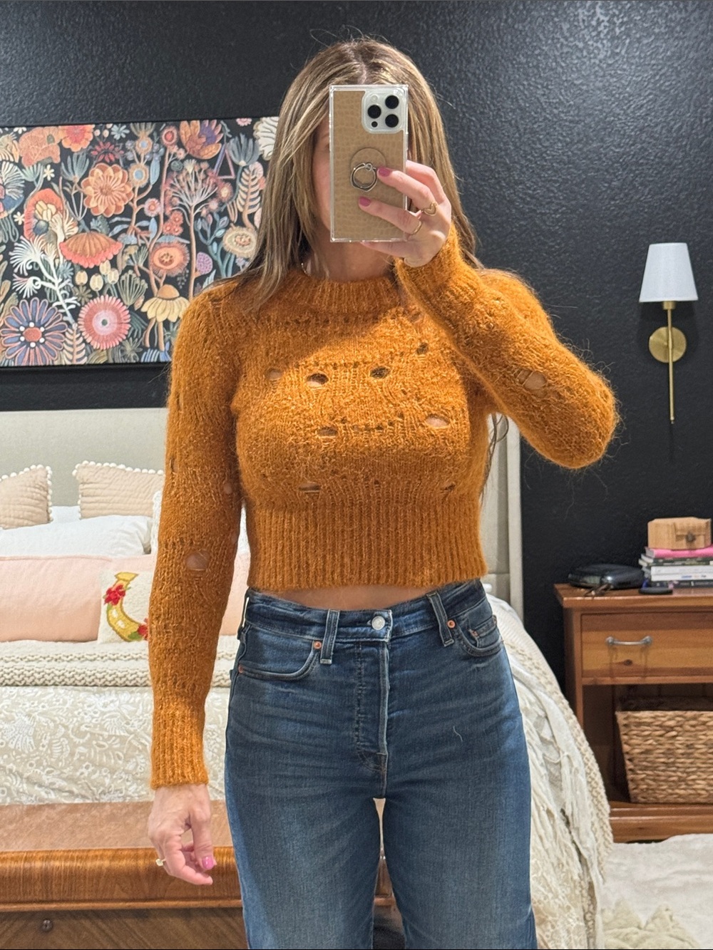 H&M Burnt Orange Distressed Cropped Turtleneck Sweater